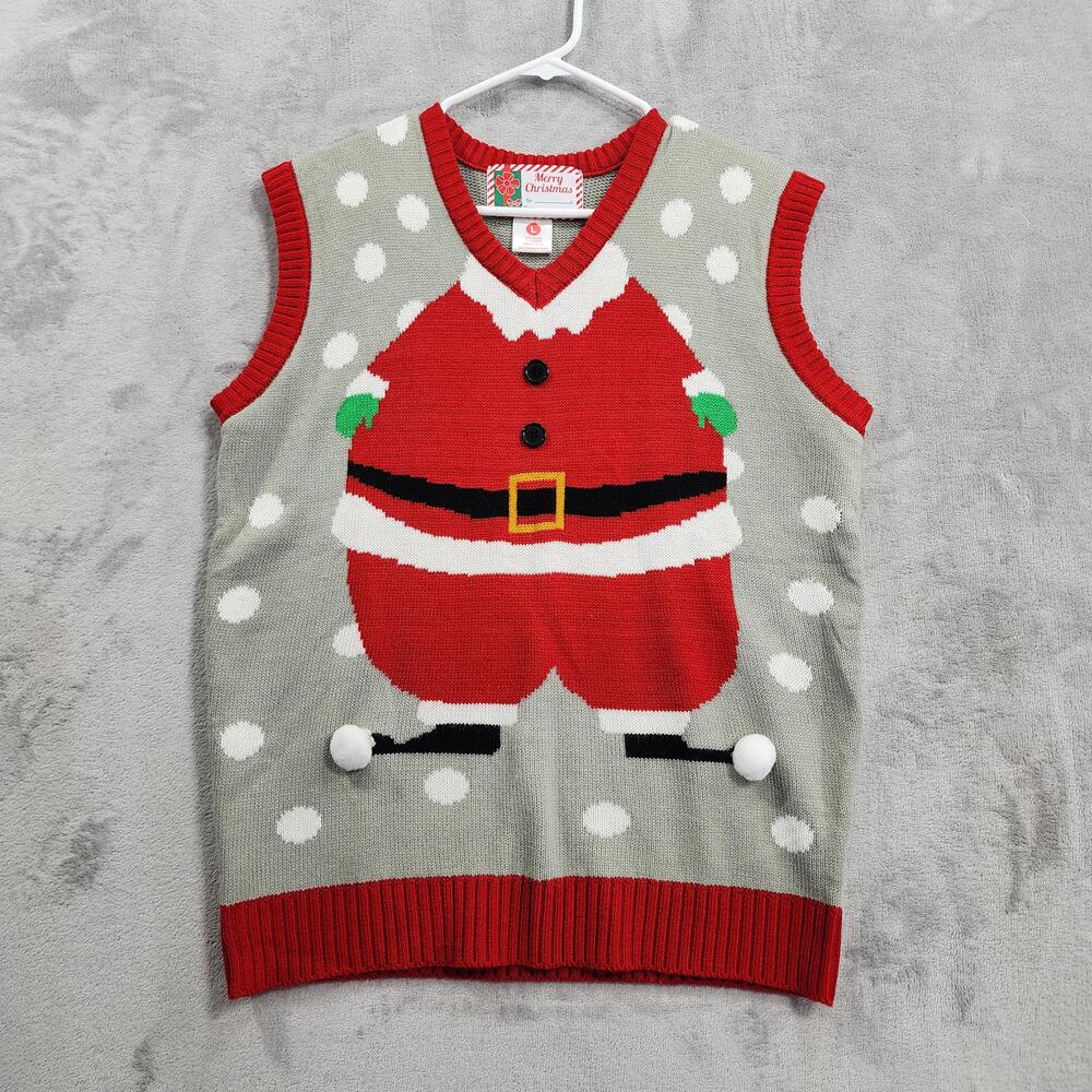 Merry Christmas Sweater Vest Mens L Red Santa Claus Pom Pom Knit Ugly Holiday